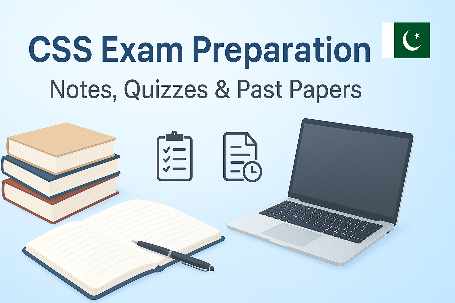 Professional educational featured image for CSS exam preparation, showing books, notes, pen, laptop, Pakistan flag, and icons representing quizzes and past papers on a clean, light gradient background.