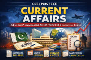 Featured image for LearnCraftLab Current Affairs course showing books, Pakistan flag, exam checklist, and icons for syllabus, video lectures, quizzes, notes and past papers for CSS PMS and CCE preparation.