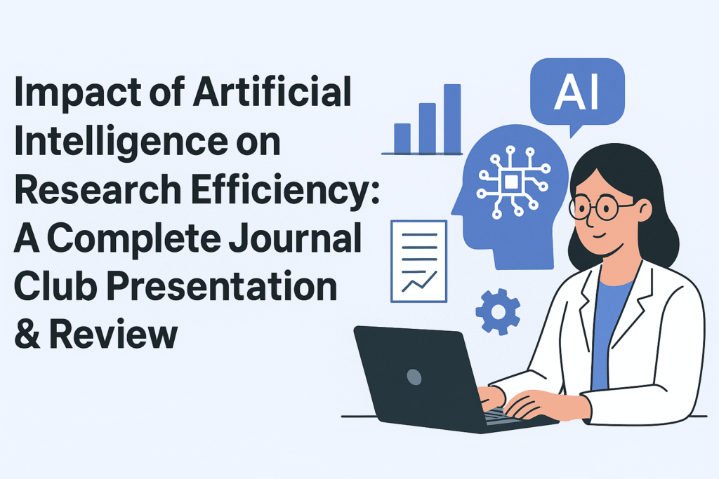 Illustration showing the impact of Artificial Intelligence on research efficiency, featuring a researcher using a laptop with AI icons, graphs, and scientific symbols.