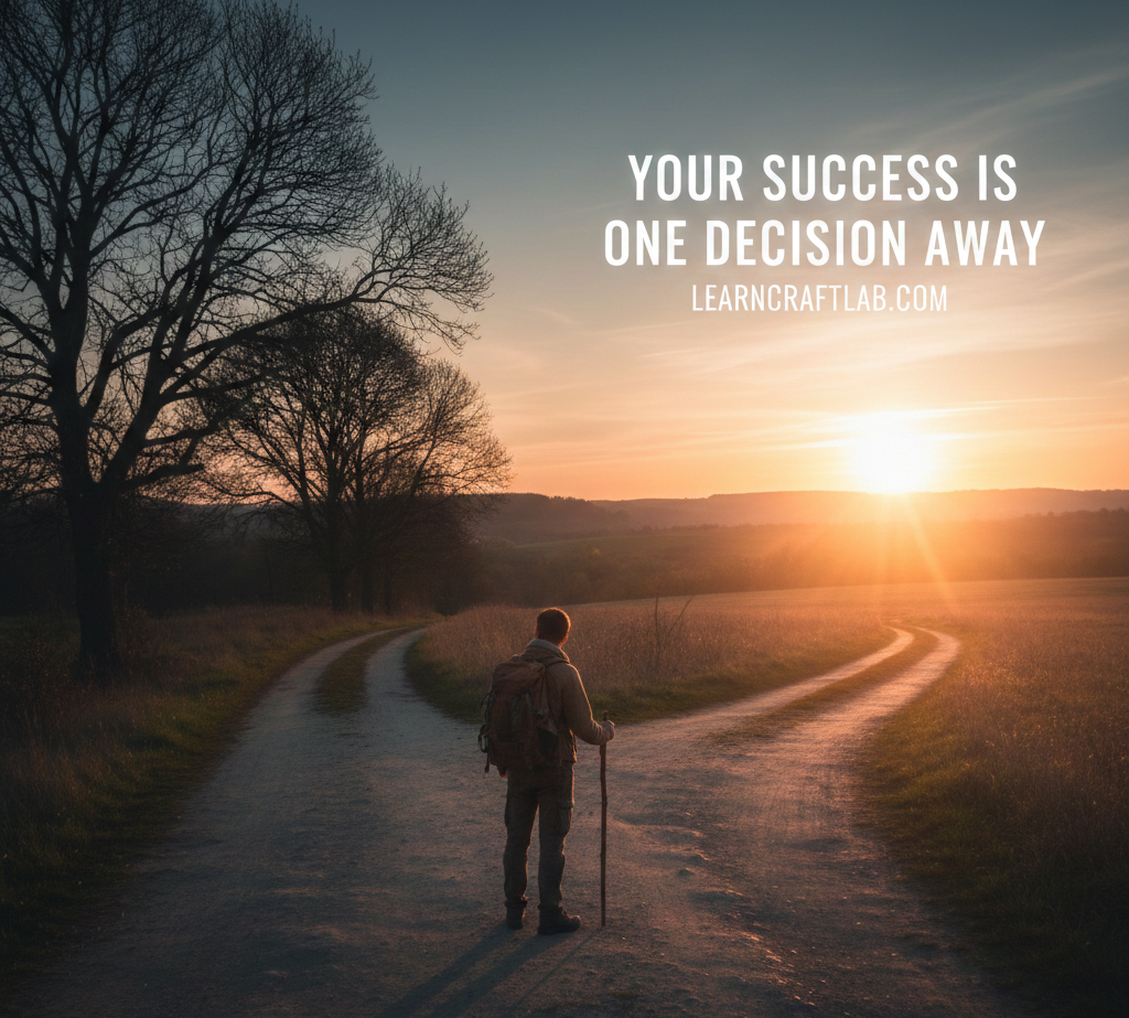 A man standing at a crossroads with a sunrise ahead, symbolizing why we fail in life and the decisions that lead to success.