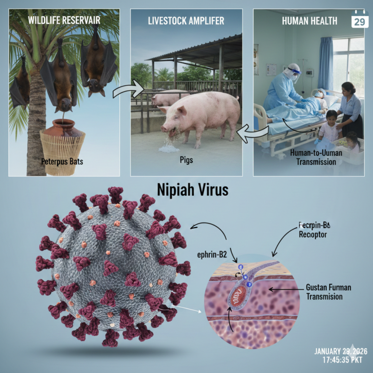 Infographic showing the Nipah virus transmission cycle from Pteropus bats to pigs and humans, alongside a detailed 3D model of the virus particle and ephrin-B2 receptor binding.