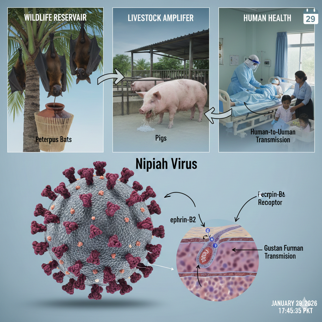 Infographic showing the Nipah virus transmission cycle from Pteropus bats to pigs and humans, alongside a detailed 3D model of the virus particle and ephrin-B2 receptor binding.