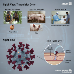 A medical infographic illustrating the Nipah virus transmission chain: fruit bats contaminating date palm sap, infection in livestock, and human-to-human transmission in a clinical setting, with a technical inset of viral entry fusion.
