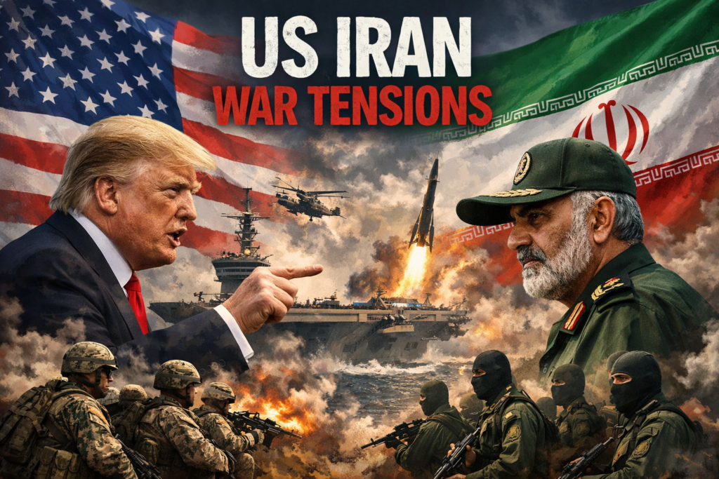 US Iran war tensions: Donald Trump and Iranian military leader face off with military assets, flags, and dramatic clouds