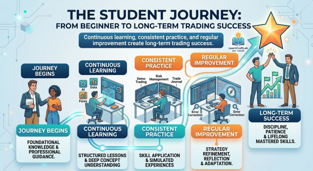 Infographic showing the step-by-step student journey from beginner to long-term Forex trading success.