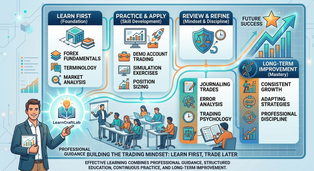 Educational flowchart explaining the Learn First, Trade Later mindset and effective learning framework for Forex trading students.
