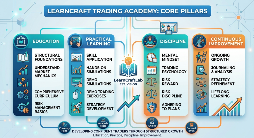 Diagram displaying the four core pillars of LearnCraft Trading Academy: Education, Practical Learning, Discipline, and Continuous Improvement.