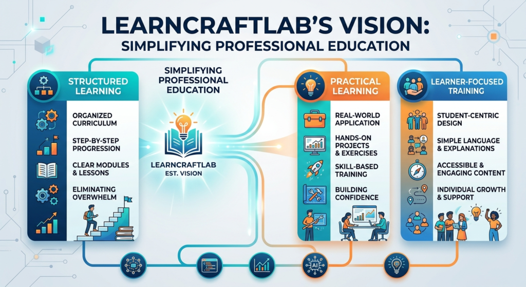 Infographic illustrating LearnCraftLab's vision for simplified, structured, and practical professional education.