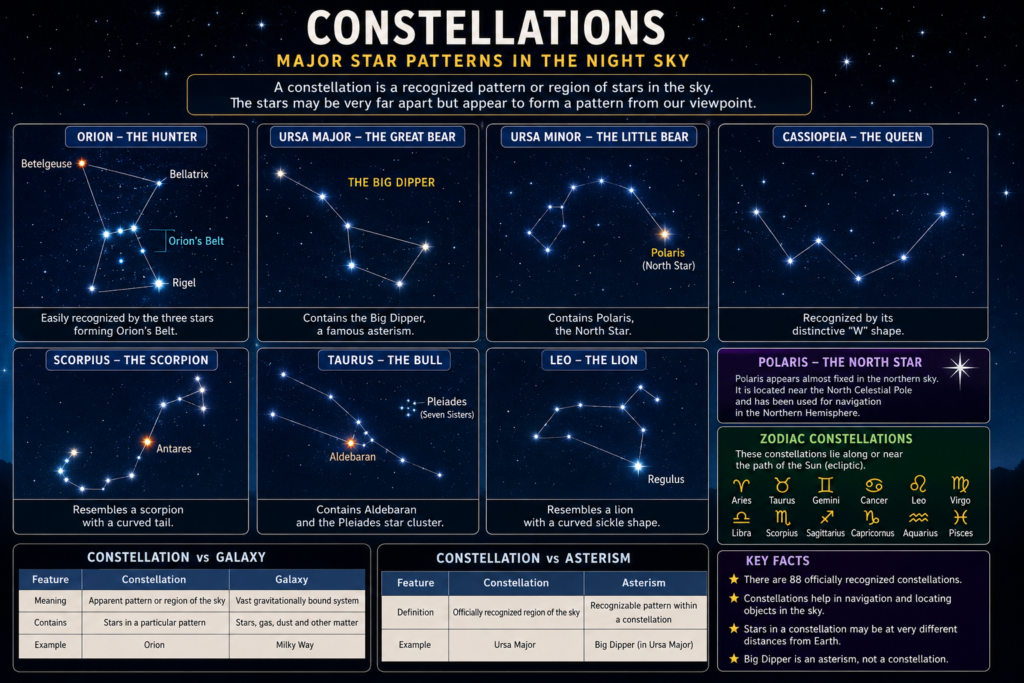 Major constellations including Orion and Ursa Major in the night sky