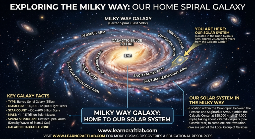 A detailed educational diagram illustrating the Milky Way, a barred spiral galaxy a very small part of the universe. The image labels all major spiral arms, including the Orion-Cygnus Arm, and uses an arrow to precisely mark 'YOU ARE HERE: OUR SOLAR SYSTEM', showing its distance from the Galactic Center.