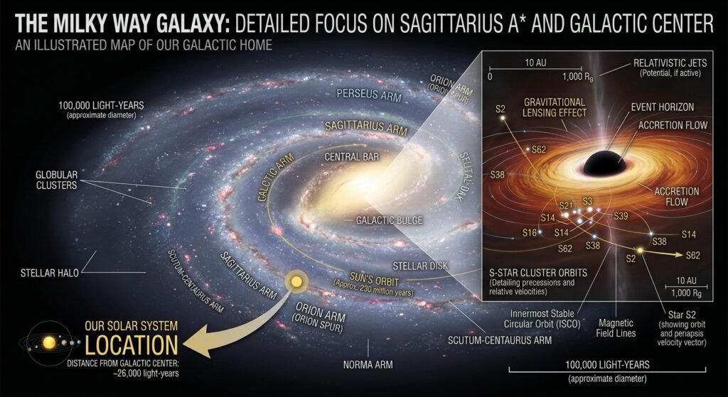 An annotated map of the Milky Way galaxy featuring the Solar System location in the Orion Arm alongside a detailed callout inset of Sagittarius A* and nearby S-star orbital paths.