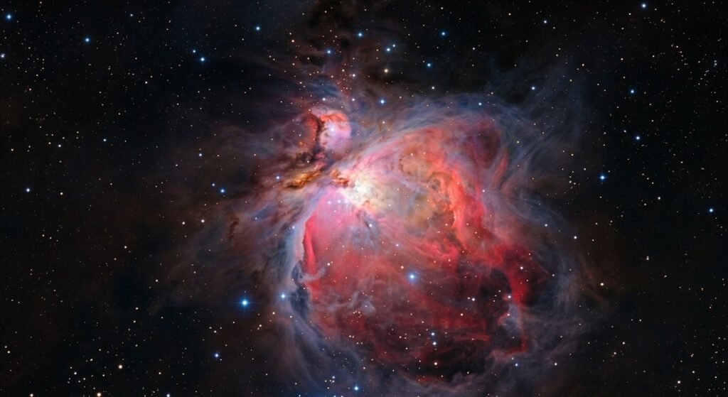 Vibrant deep space image of the Orion Nebula (Messier 42) showing glowing interstellar gas and dust in the Orion constellation.