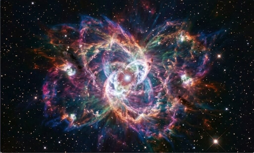 Intricate and colorful planetary nebula NGC 5189 showing glowing knotty filaments of ejected gas around a dying central star in deep space.