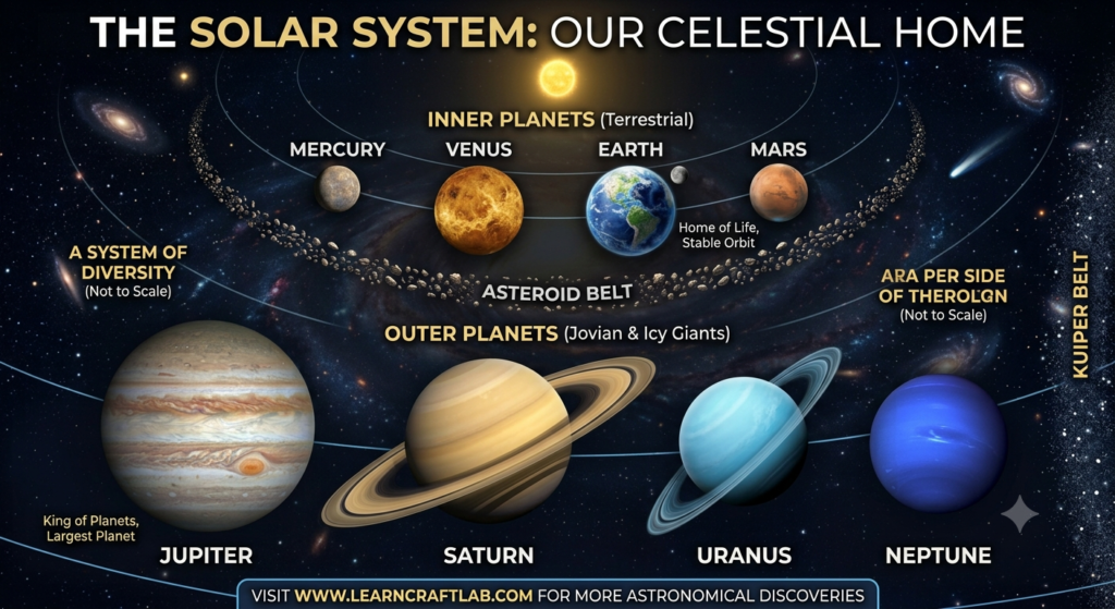 An educational chart of the Solar System against a deep space background. The top row shows the four terrestrial Inner Planets (Mercury, Venus, Earth, Mars). The bottom row displays the four massive Jovian/Icy Outer Planets (Jupiter, Saturn, Uranus, Neptune). Orbital paths and the Asteroid Belt are included.
