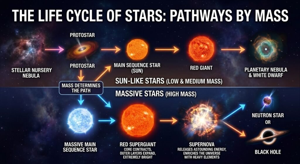 An educational infographic illustrating the Stars and Their Life Cycle, detailing the separate evolutionary pathways for sun-like low-and-medium-mass stars and high-mass massive stars, with stages from stellar nursery to white dwarf or supernova.