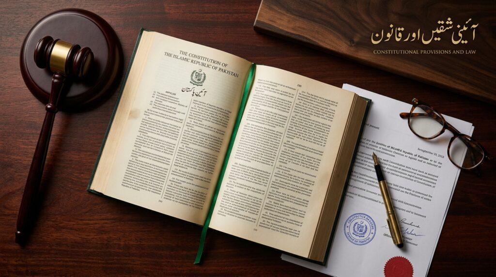 The Constitution of Pakistan opened to emergency provisions alongside a legal gavel, illustrating Articles 232, 234, and 245.