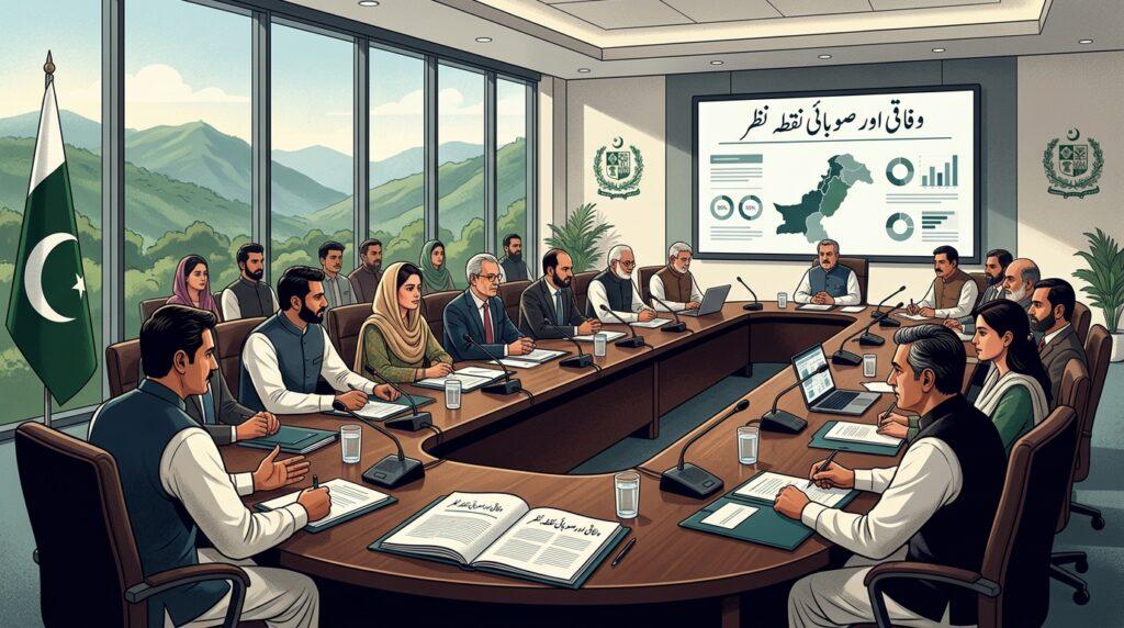 High-level government conference meeting in Islamabad discussing federal-provincial coordination and security policy for Khyber Pakhtunkhwa.