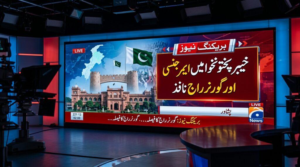 News studio screen broadcasting breaking news in Urdu regarding the proclamation of emergency and governor's rule in Khyber Pakhtunkhwa.
